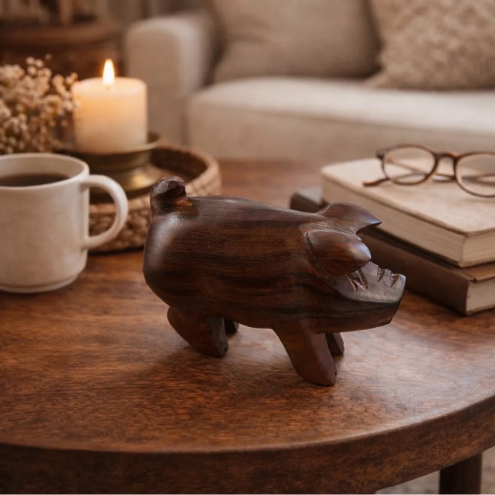 Vintage Hand-Carved Wood Pig Figurine Solid Hardwood Folk Art Decor - Picture 3 of 8